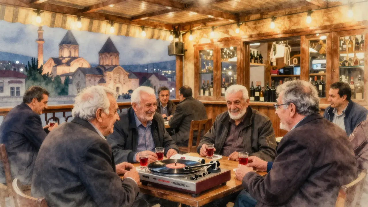 Şehitlik Bar in Kuzguncuk at night, elderly locals enjoying wine and Turkish pop music under string lights.