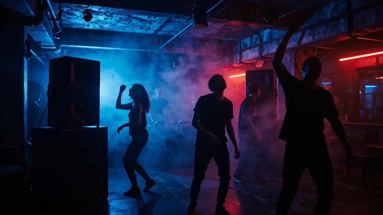 Silhouetted dancers in an underground Milan club under pulsing neon lights.