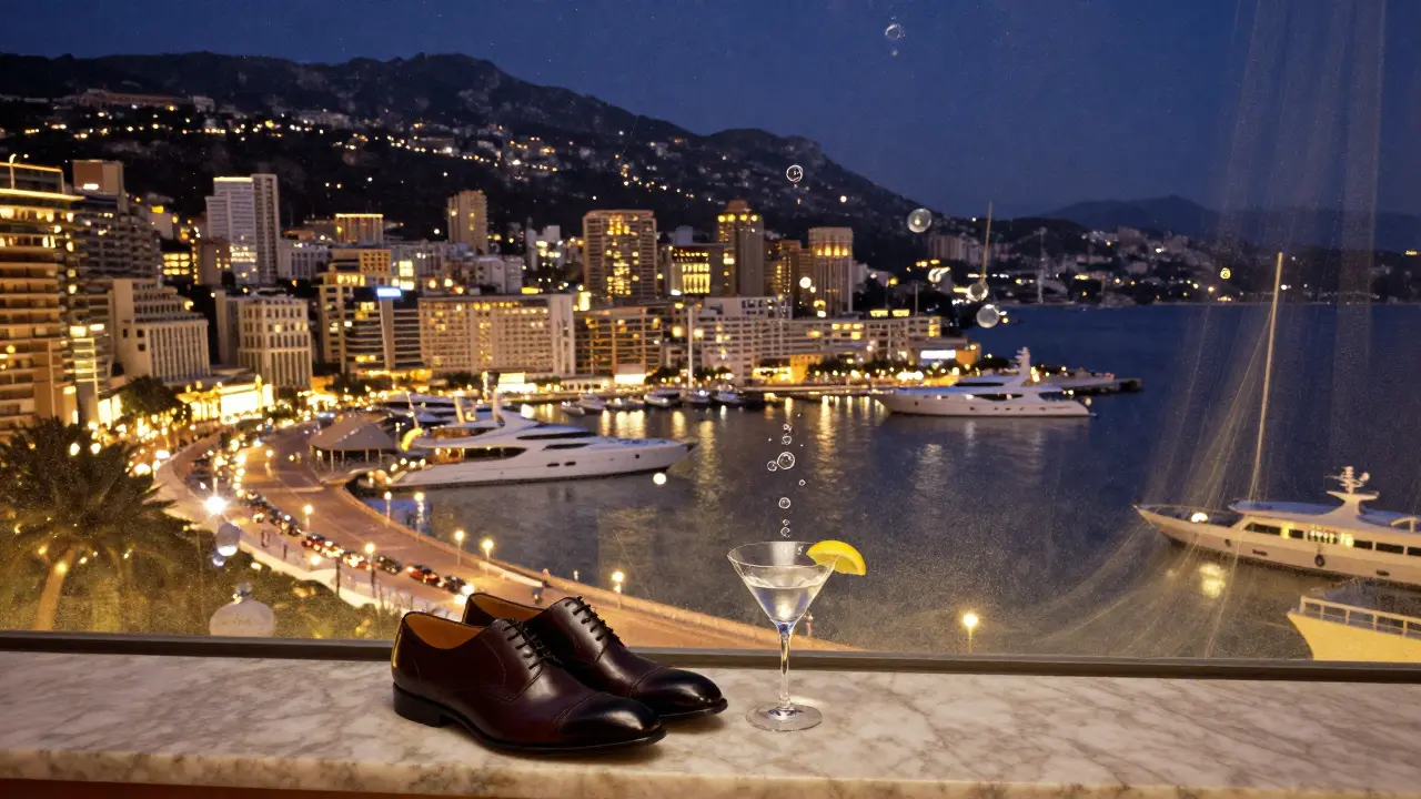 Surreal golden veil over Monaco’s harbor with empty dress shoes and martini glass symbolizing silent luxury.