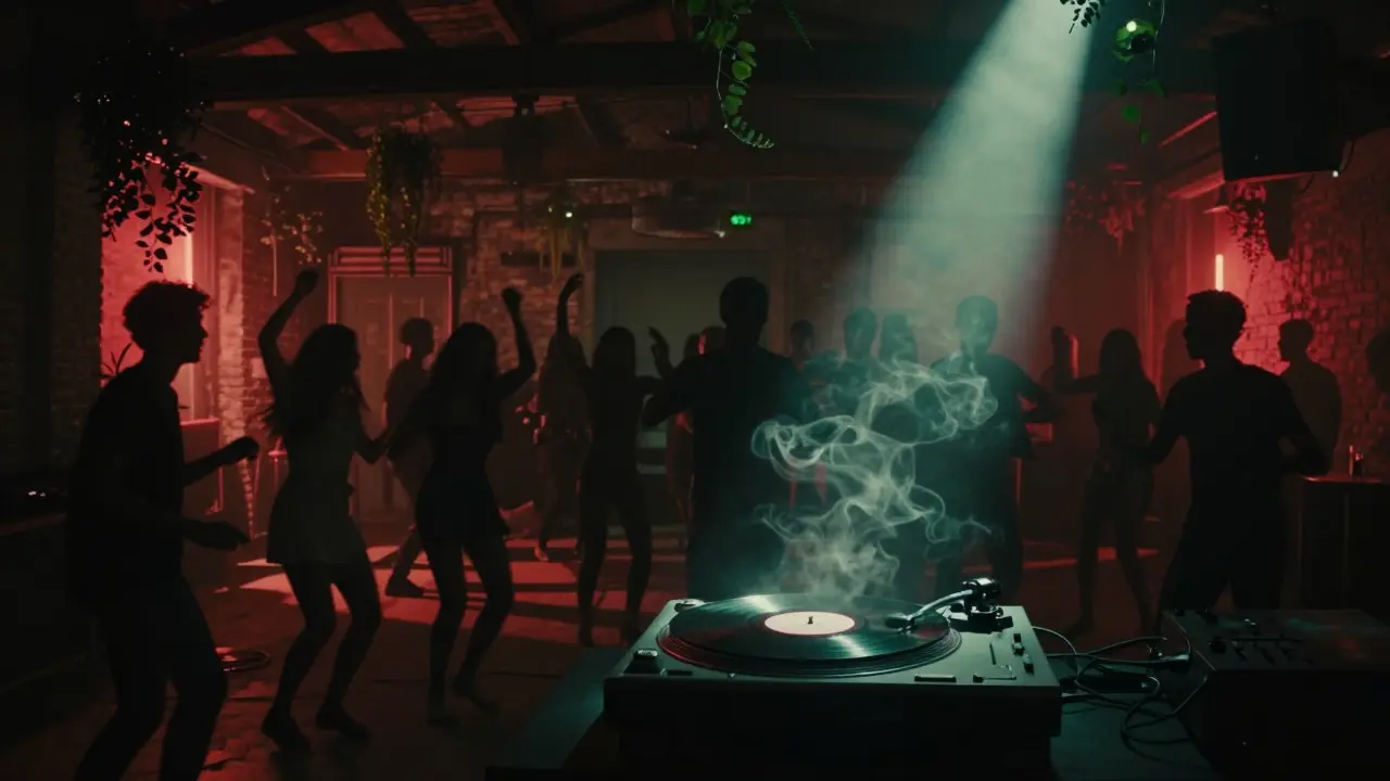 Underground club Arkaoda during a bass drop, dim red lighting, silhouetted dancers in a brick warehouse.