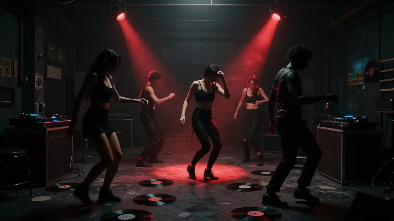 Underground warehouse club with dense smoke, red lighting, and dancers moving to techno beats.