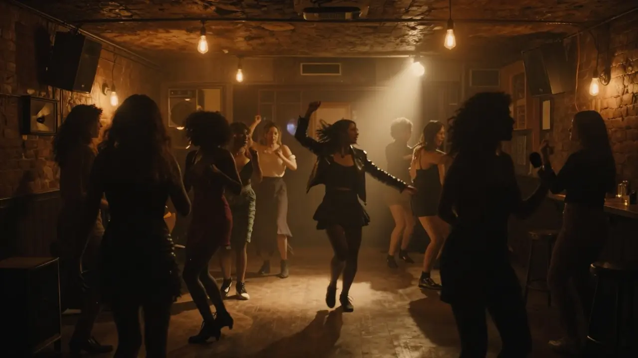 Women dancing energetically in a dim underground club with warm lights and exposed brick walls.