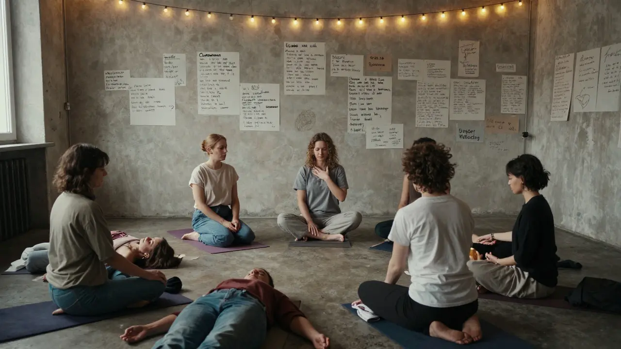 A 1990s Berlin squat workshop where people practice mindful touch and consent in a community setting.