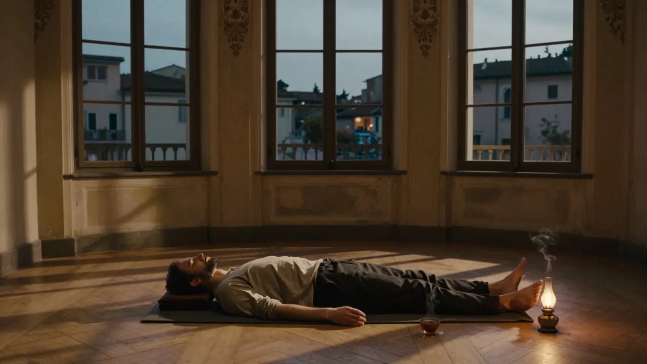 A client lies fully clothed in a historic Milanese palazzo, bathed in soft lamplight, surrounded by calm and stillness.