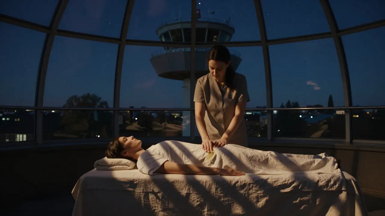 A client receives a massage under a starlit glass dome in a converted tower, surrounded by calm shadows and natural oils.