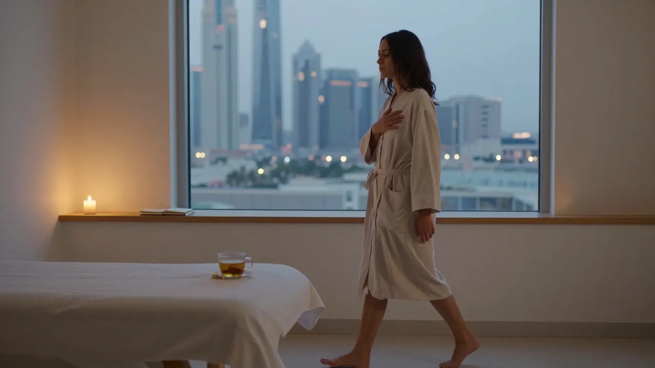 A client walks barefoot after a session, robe wrapped, hand over heart, in a serene minimalist room as dusk falls outside.