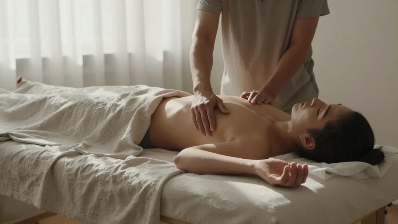 A couple on a massage table, one hand hovering near the other’s skin, softly lit by natural sunlight.