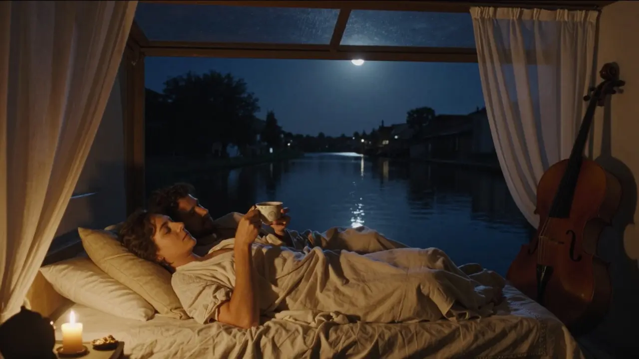 A couple shares herbal tea under a starlit sky in a canal-side spa, soft cello music implied by swaying curtains and candlelight.