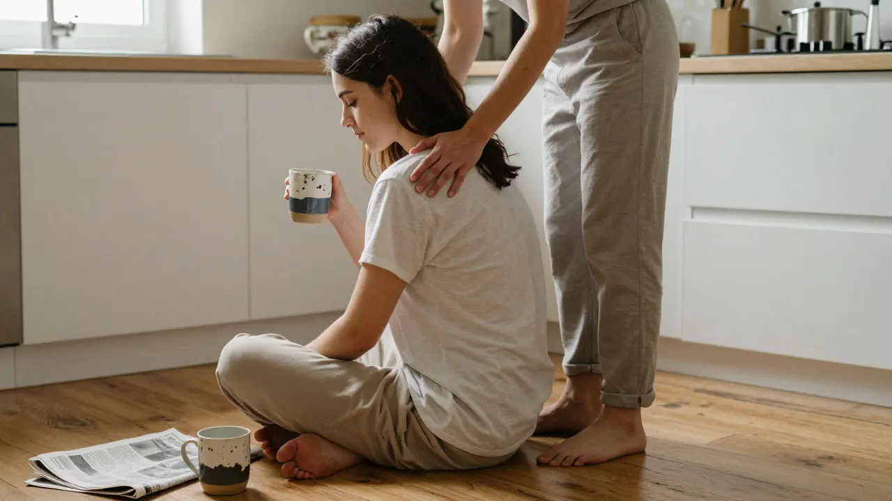 A couple sharing a quiet moment of touch in their kitchen, one hand on the other's shoulder while making coffee.