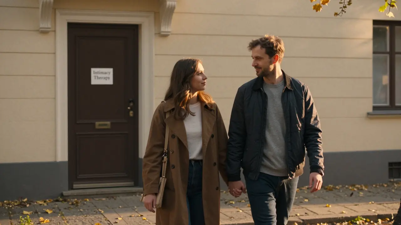 A couple walking hand-in-hand through a quiet Berlin courtyard, sharing a quiet moment of reconnection.