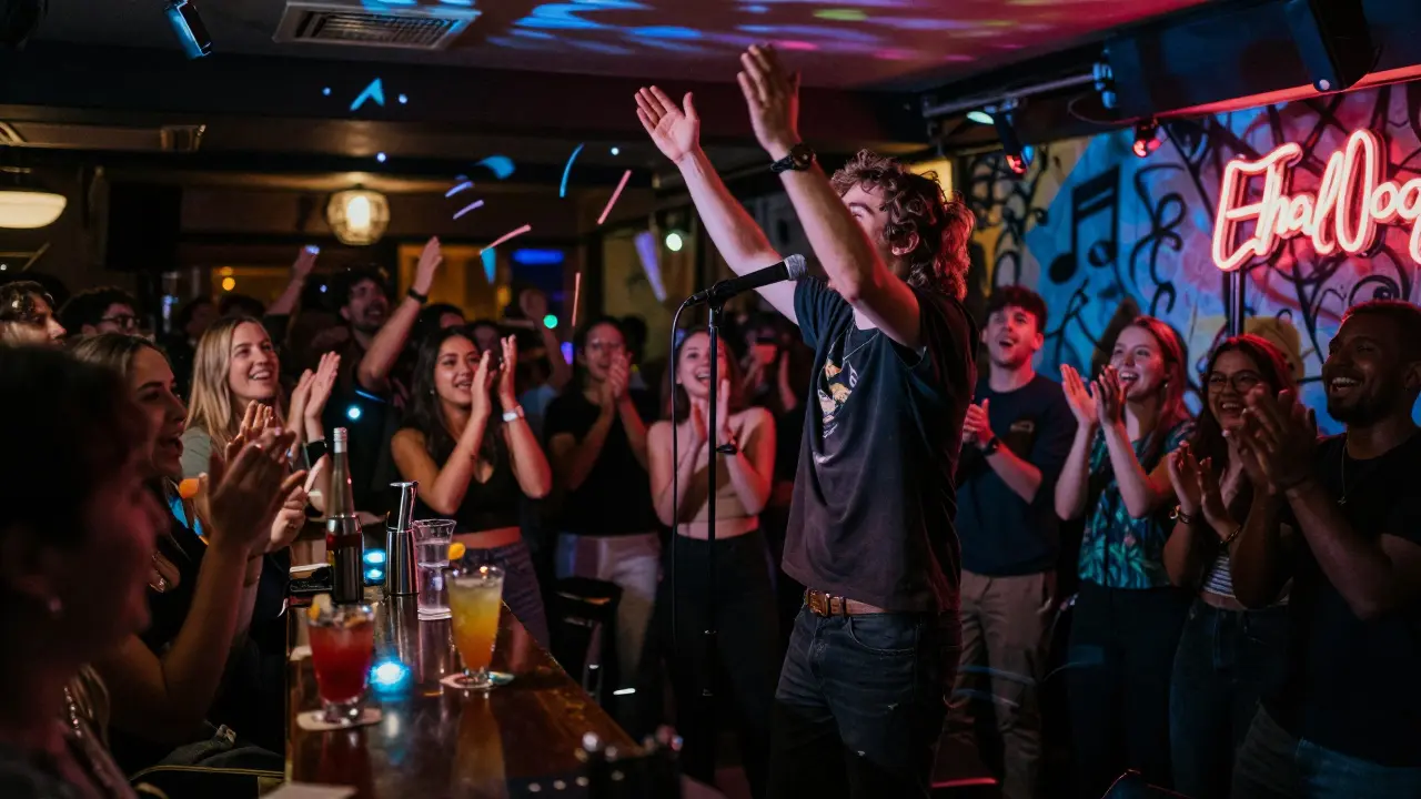 A diverse crowd cheering as a singer performs on stage at a lively karaoke open mic night.