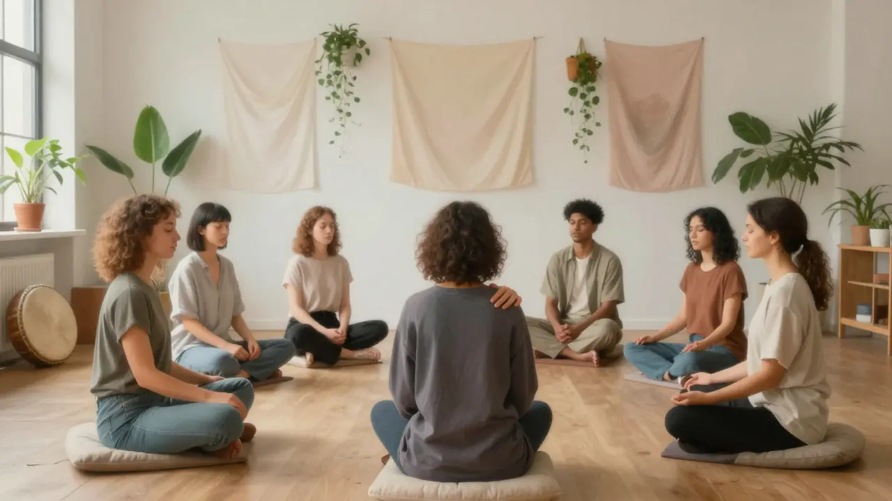 A diverse group practicing mindful breathing in a calm workshop, one person gently placing a hand on another’s shoulder.