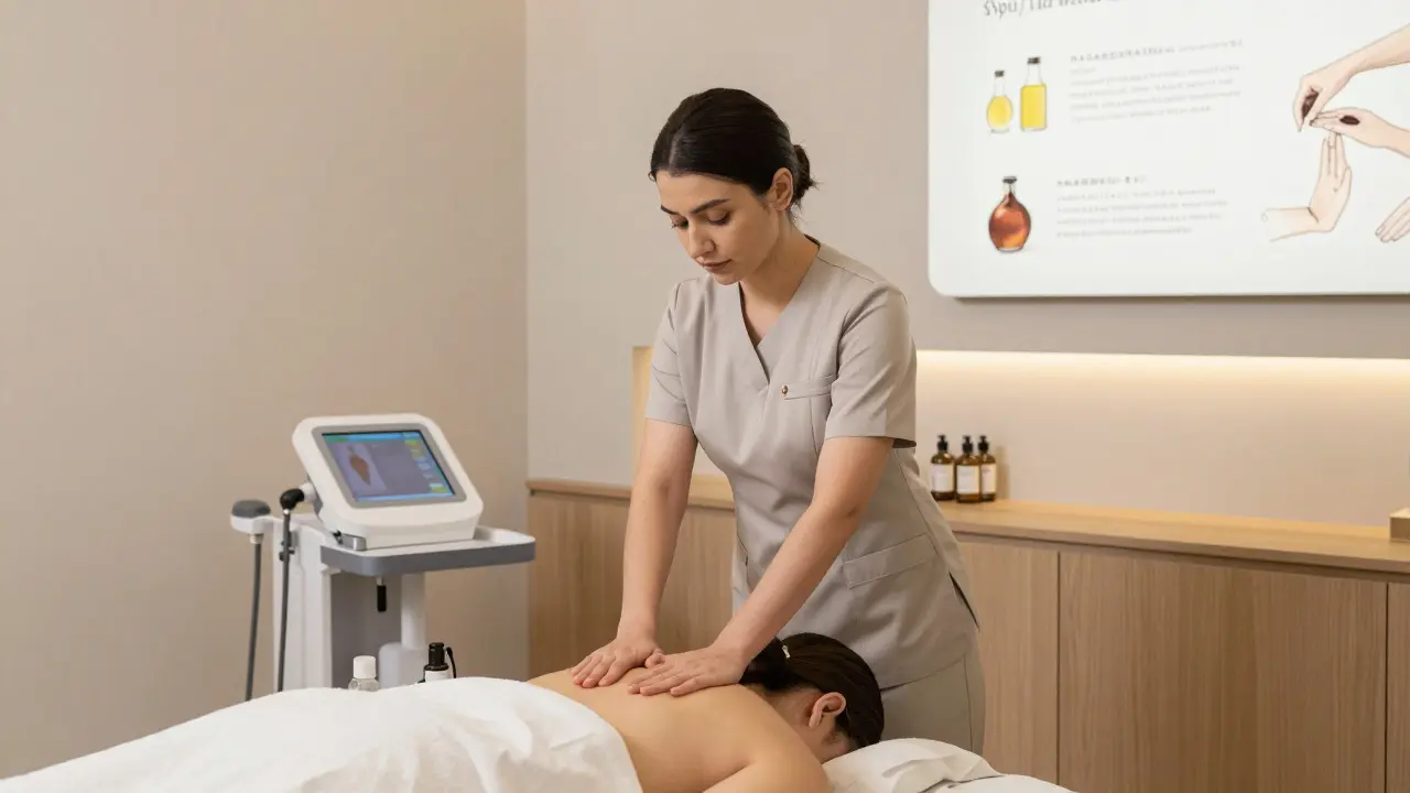 A female Emirati therapist performing a traditional massage in a modern Abu Dhabi wellness center with oil blends and historical displays.