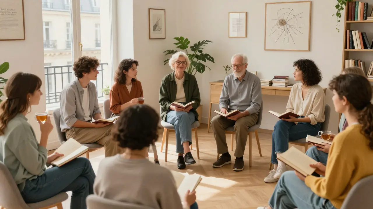 A group of diverse individuals quietly sipping tea and journaling in a peaceful Parisian therapy lounge.