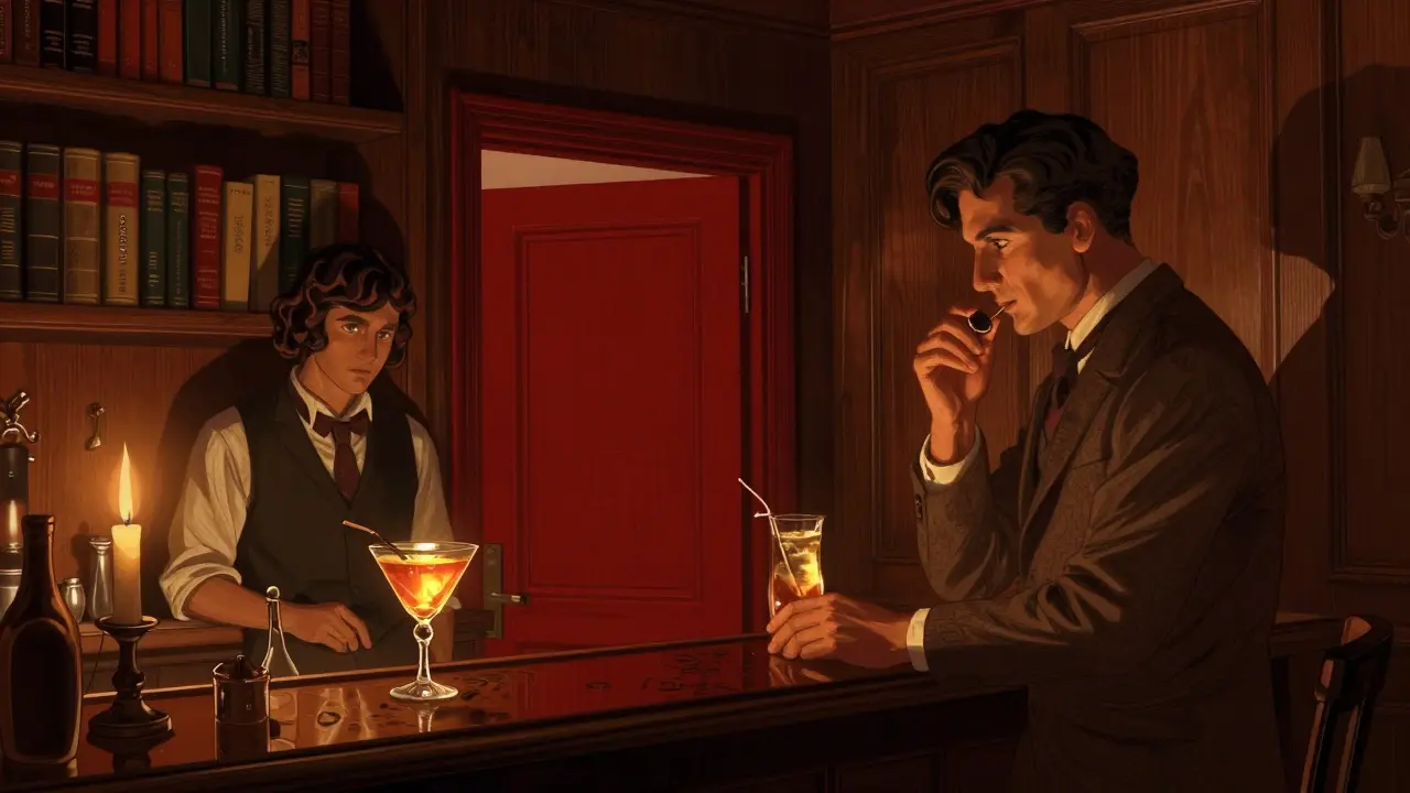 A hidden 1920s speakeasy with a bartender remembering a guest's name, lit by candlelight and books.