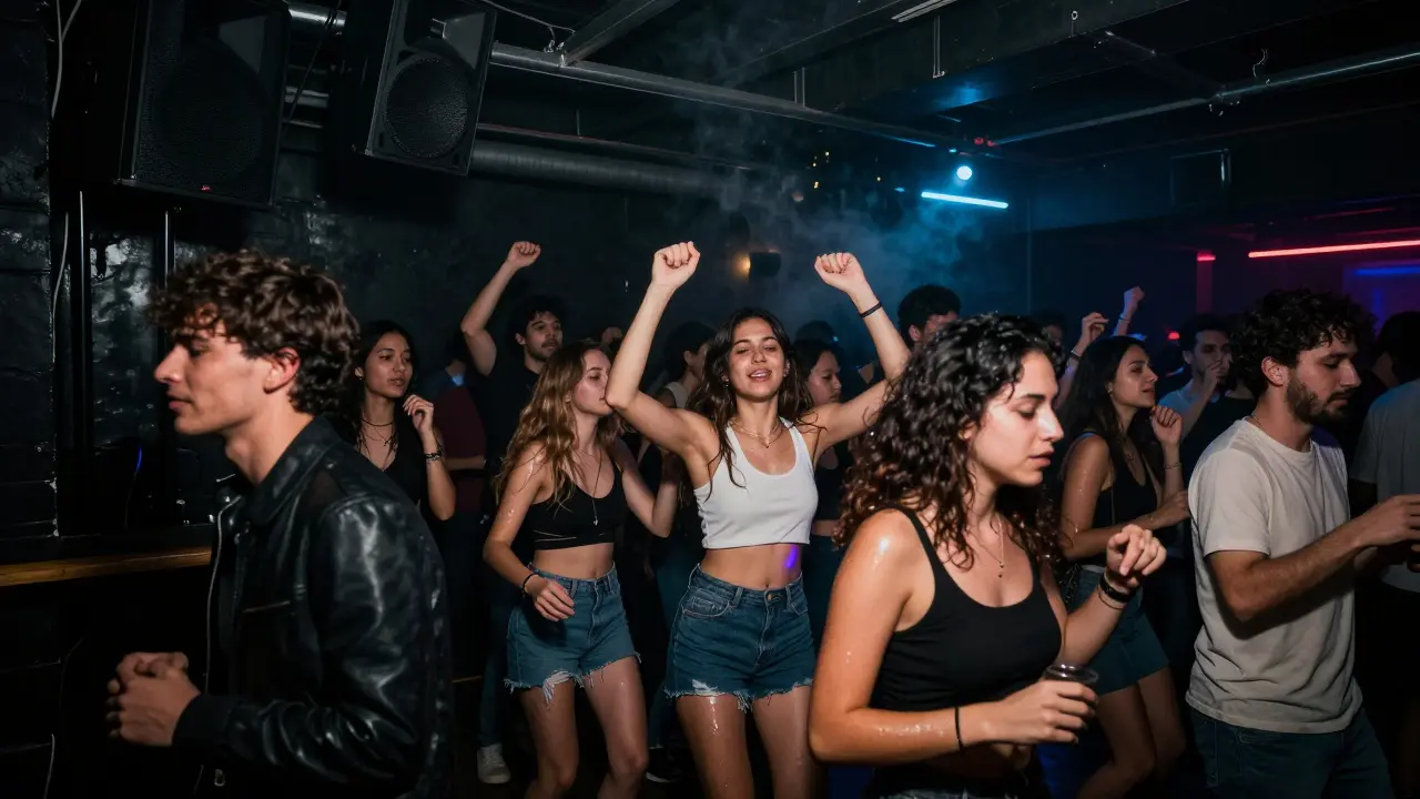 A lively underground club with bass-heavy music and a diverse crowd dancing in dim industrial lighting.