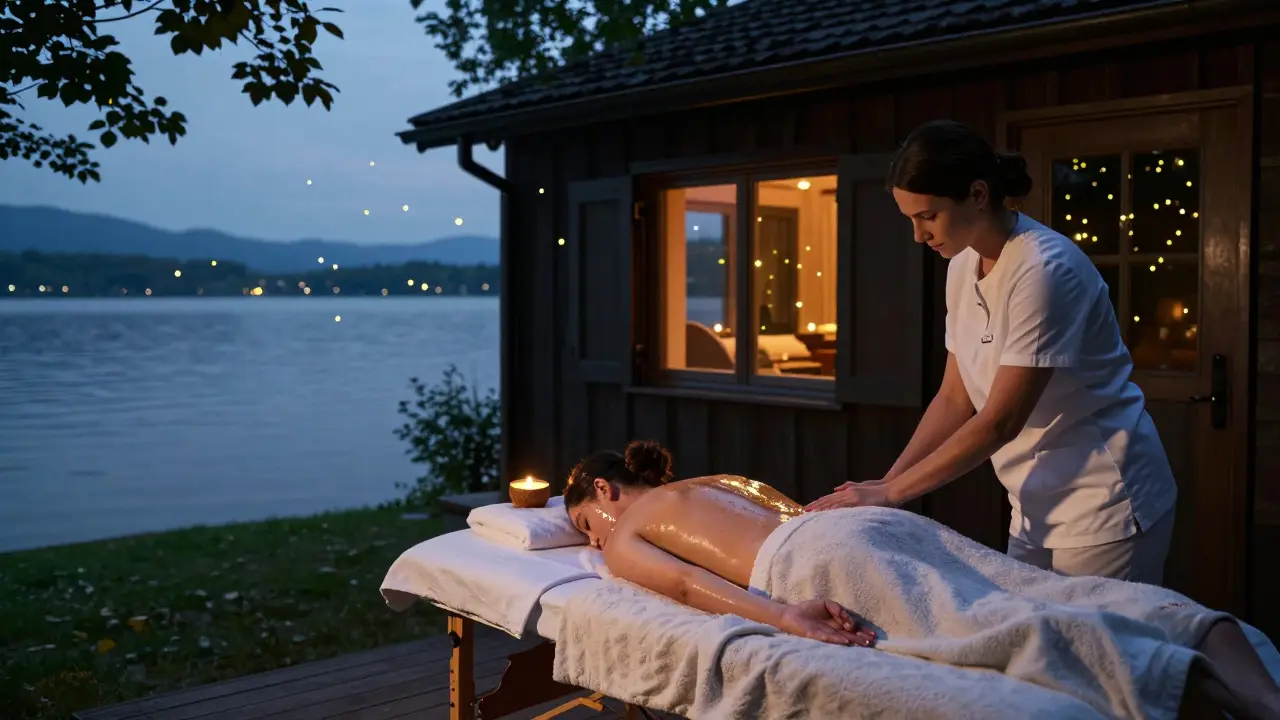 A peaceful massage by a lakeside boathouse at dusk, with soft blankets and fireflies, evoking safety and quiet connection.