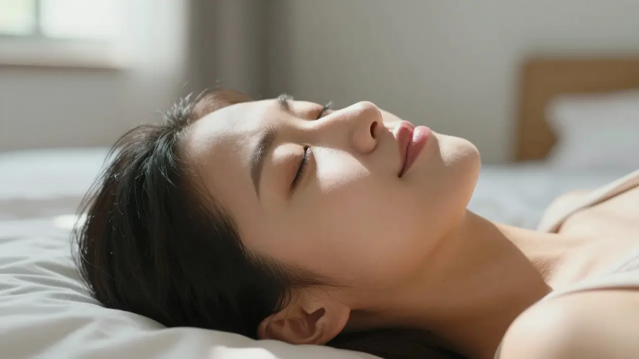 A person's serene face resting on a pillow under soft window light, eyes closed in deep relaxation.