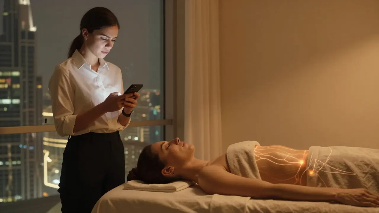 A stressed office worker contrasted with the same person in deep relaxation during a therapeutic sensual massage, with symbolic hormonal balance.