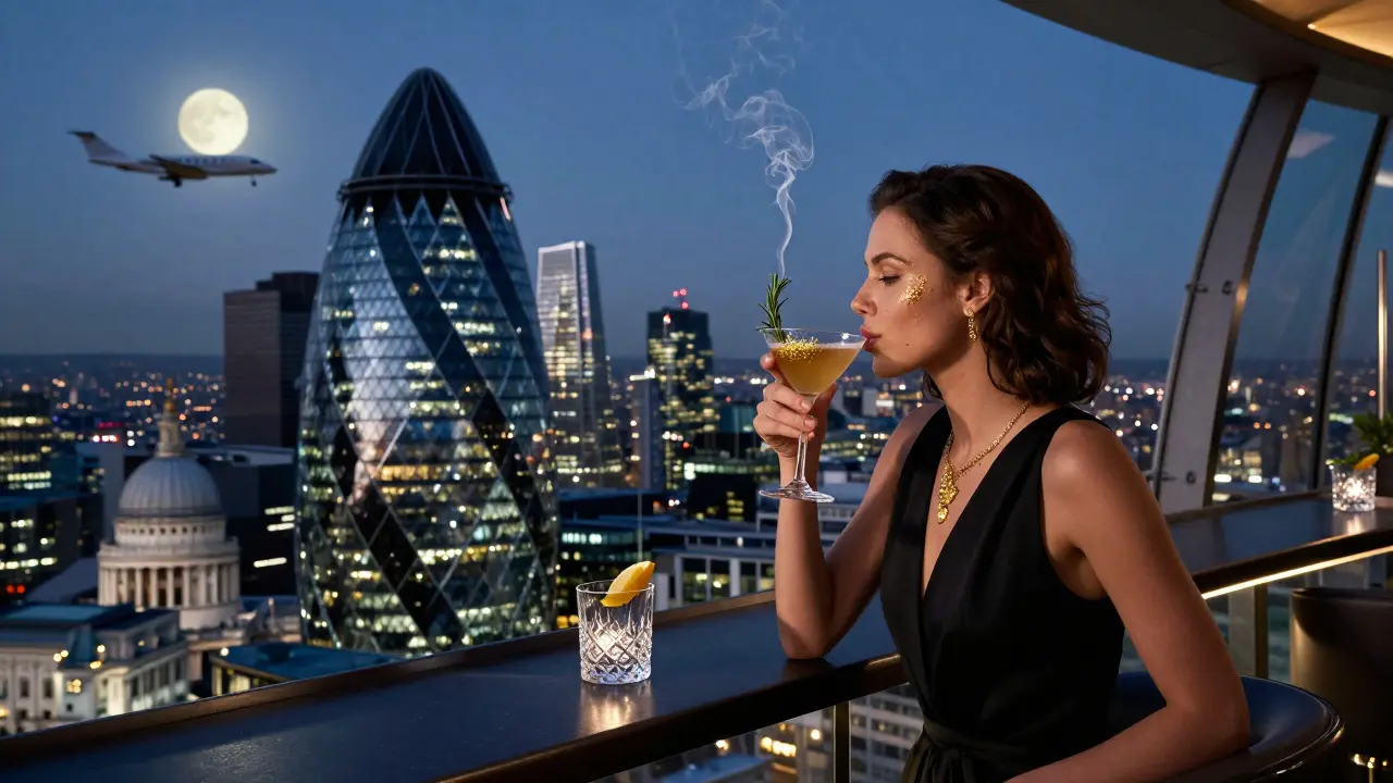 A woman enjoying a golden cocktail on a luxury rooftop bar with London's skyline glowing below at night.