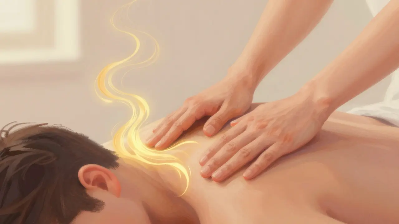 Abstract representation of stress relief through therapeutic touch.