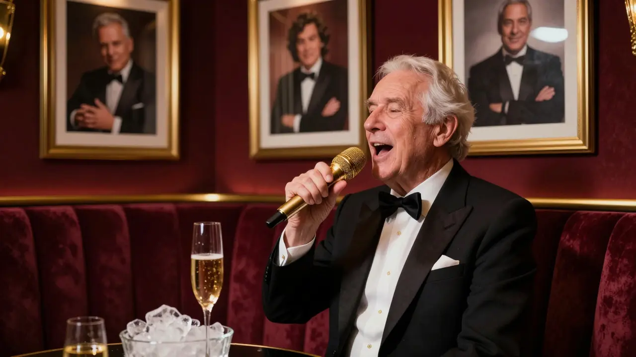 An elderly man singing passionately in a luxurious velvet karaoke booth with champagne nearby.