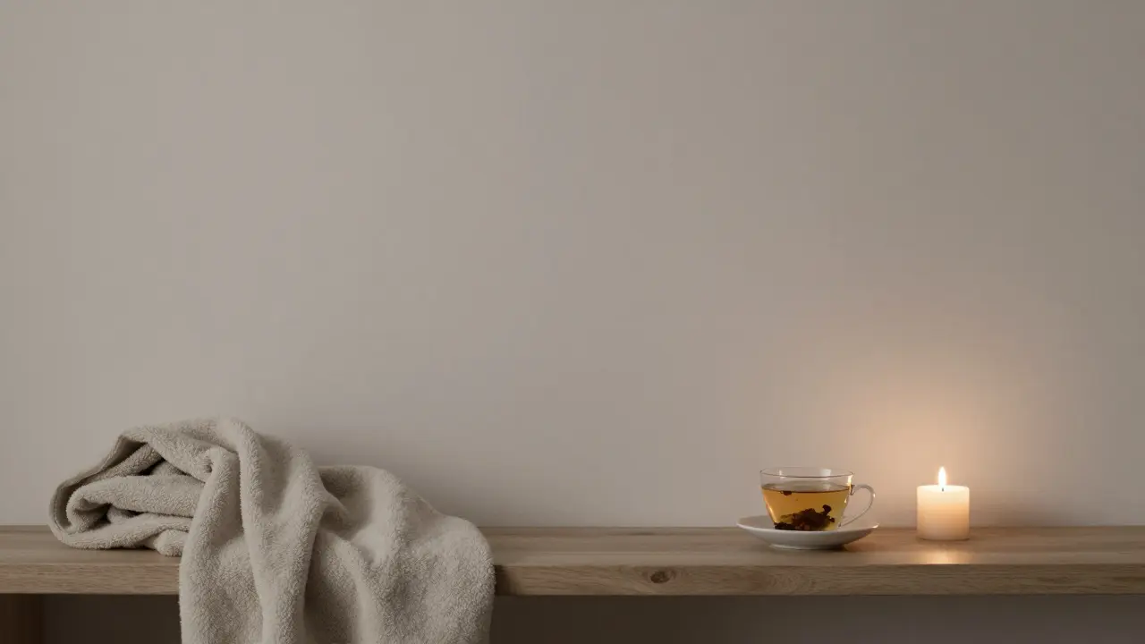 An empty post-session room with a folded blanket, cooled tea, and a low-burning candle, conveying deep stillness.