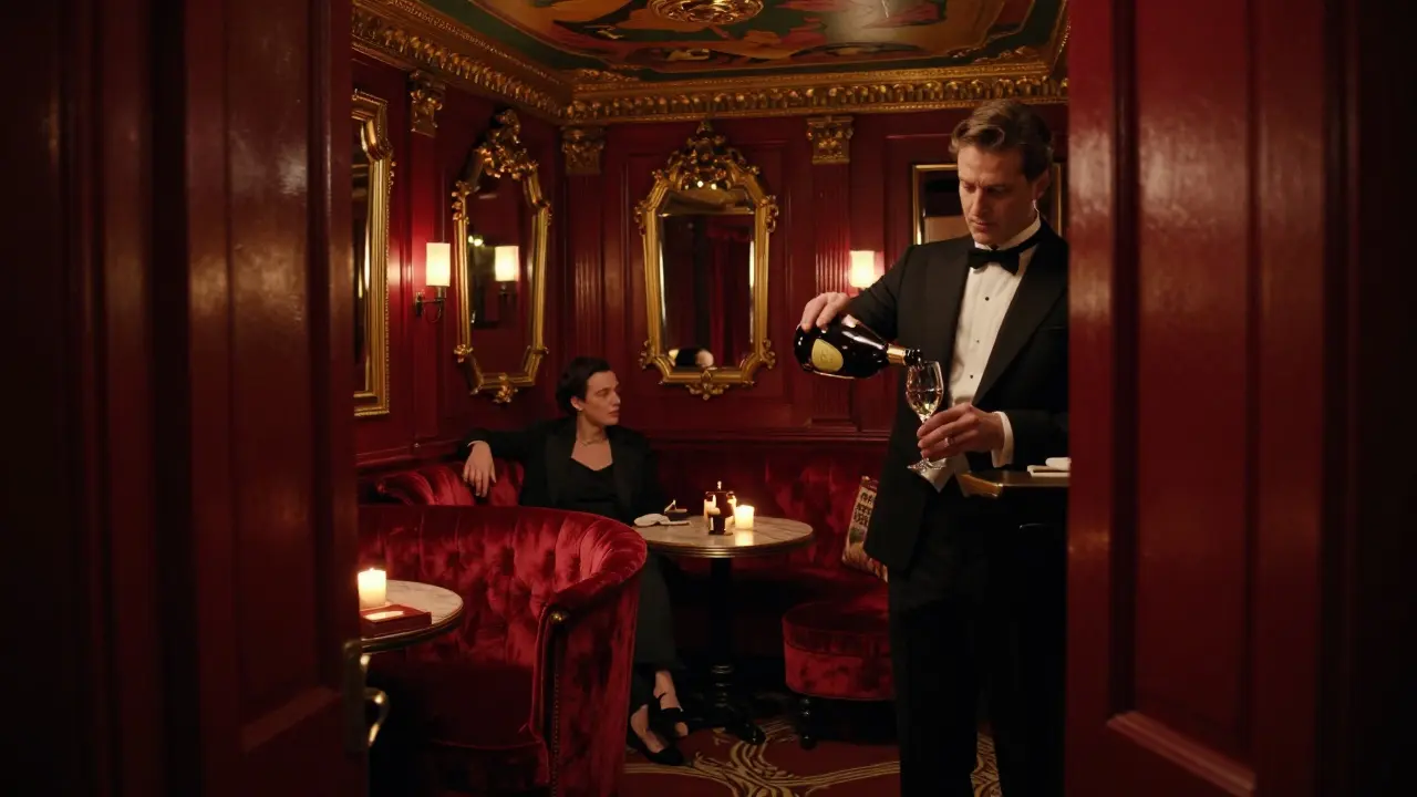 An exclusive private club interior with velvet booths, candlelight, and a bartender pouring champagne in silence.