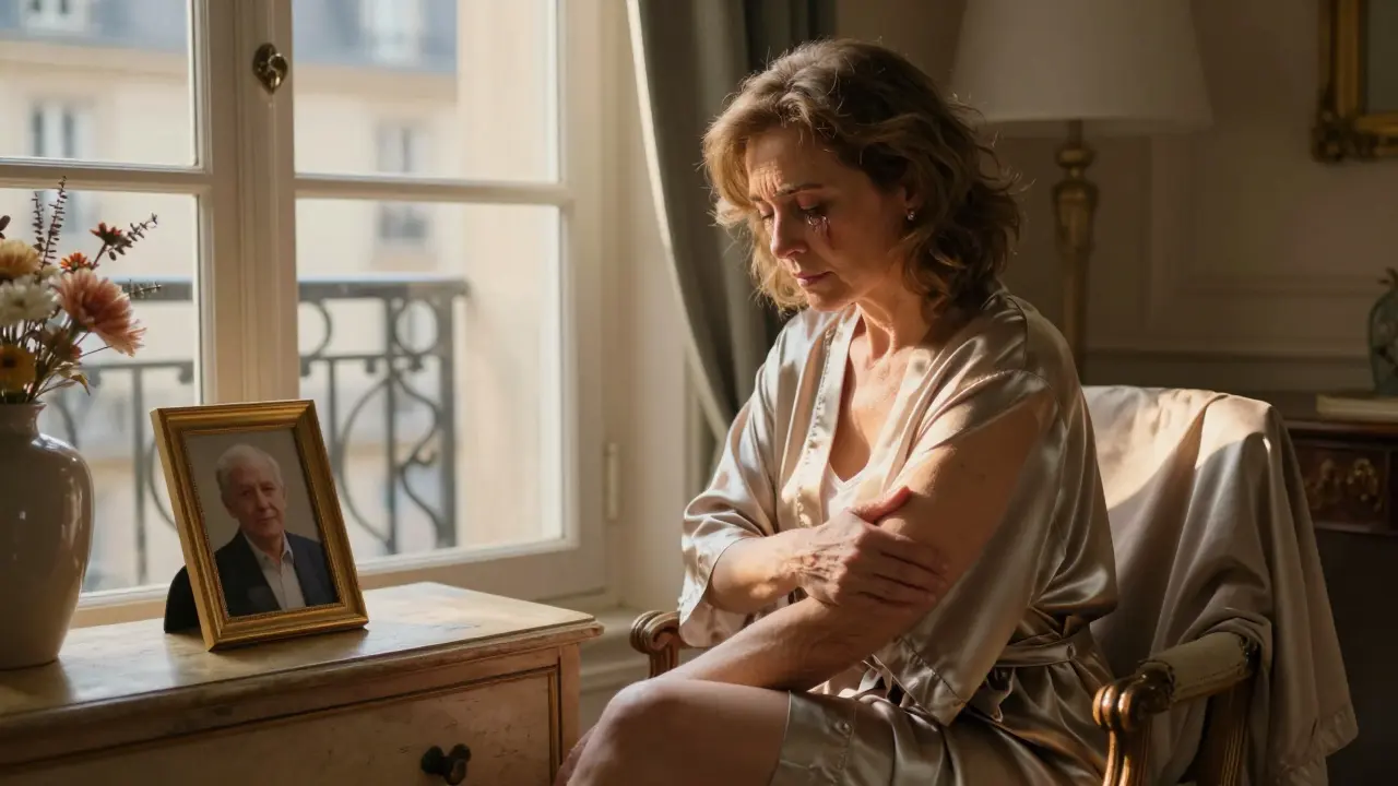 An older woman touching her arm by a sunlit window, tears on her face, surrounded by personal mementos.