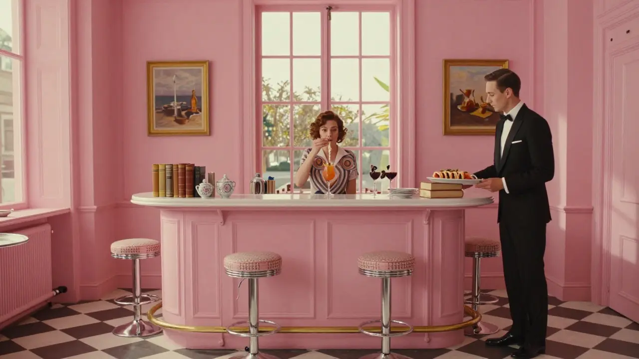 Bar Luce in Corso Como with Wes Anderson-style pastel interior, woman sipping a cocktail at a retro bar, symmetrical decor and golden light.