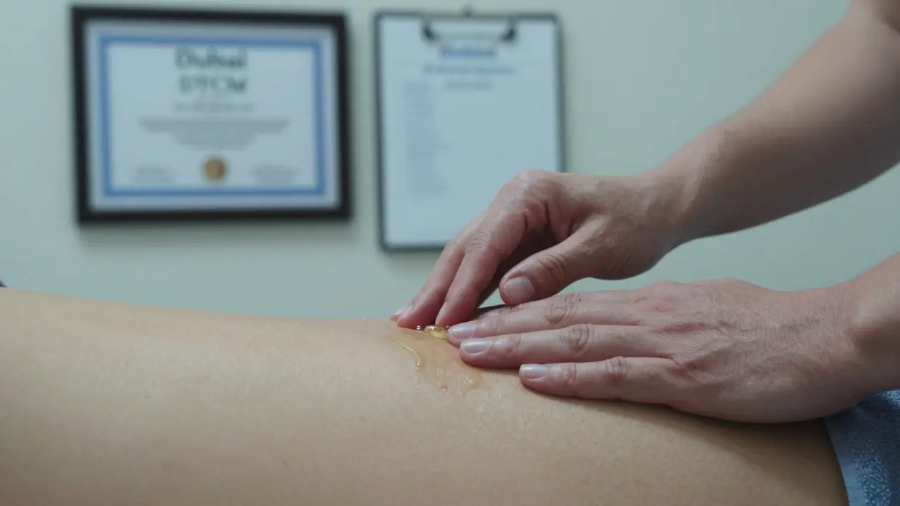 Close-up of hands applying slow, rhythmic pressure with warm oil on a client's pelvic area, highlighting professional, licensed therapeutic touch.