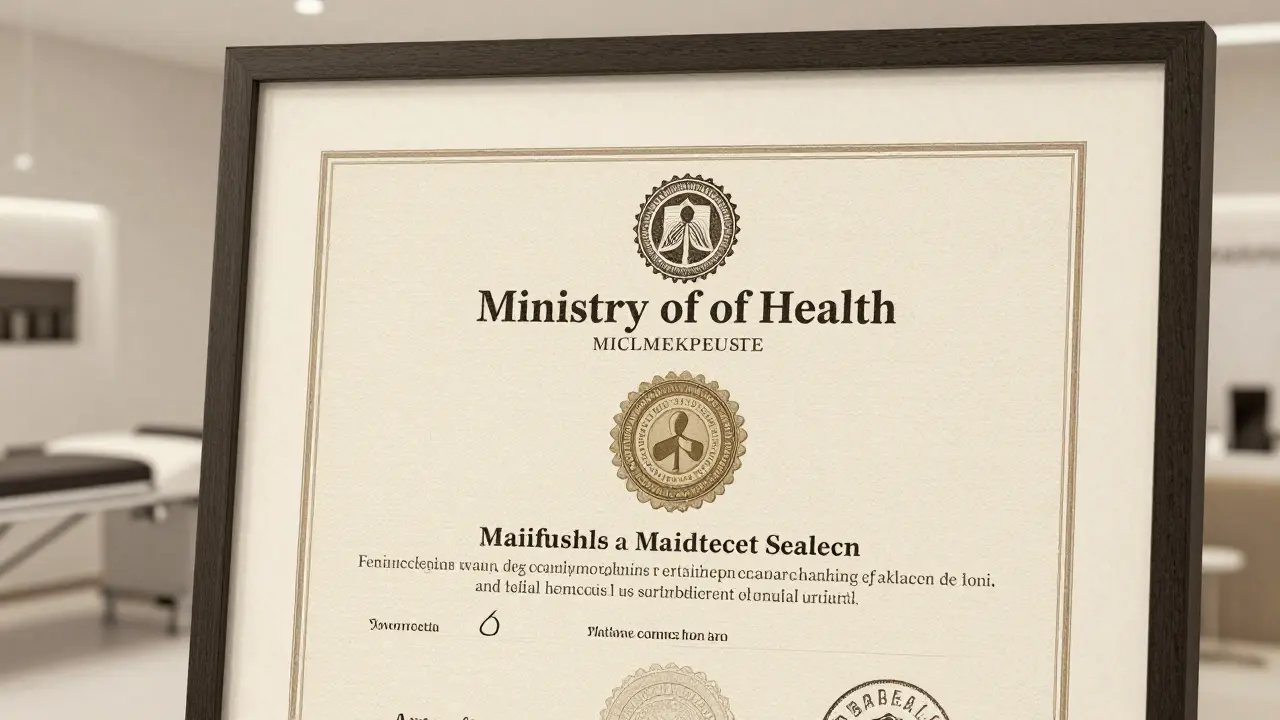 Close-up of Ministry of Health certification in a wellness center.