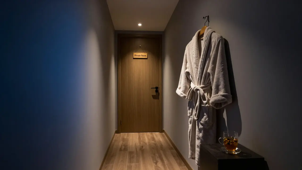 Empty luxury wellness hallway with a private session door and tea set, conveying safety and privacy.