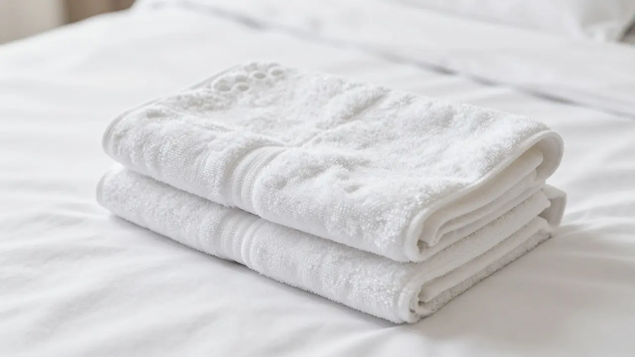 Fresh white linens and neatly folded towels on a bed, under soft daylight for hygiene and comfort.