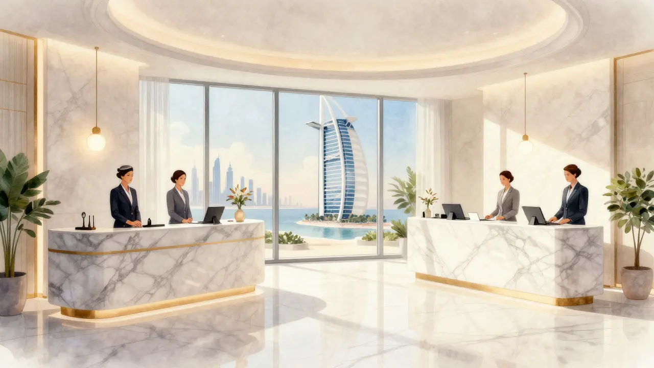 Luxury spa reception with skyline view at Burj Al Arab