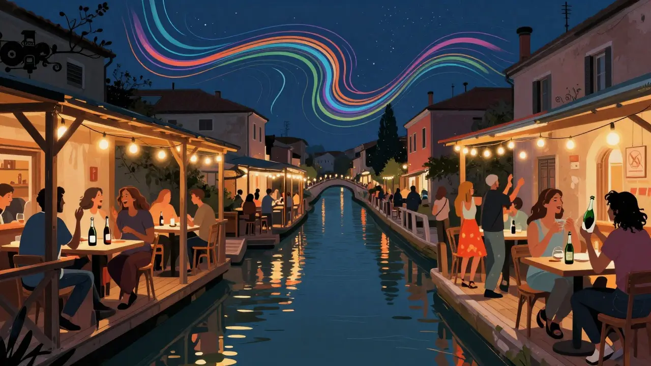 People dancing on wooden decks along Navigli canals under string lights at night.