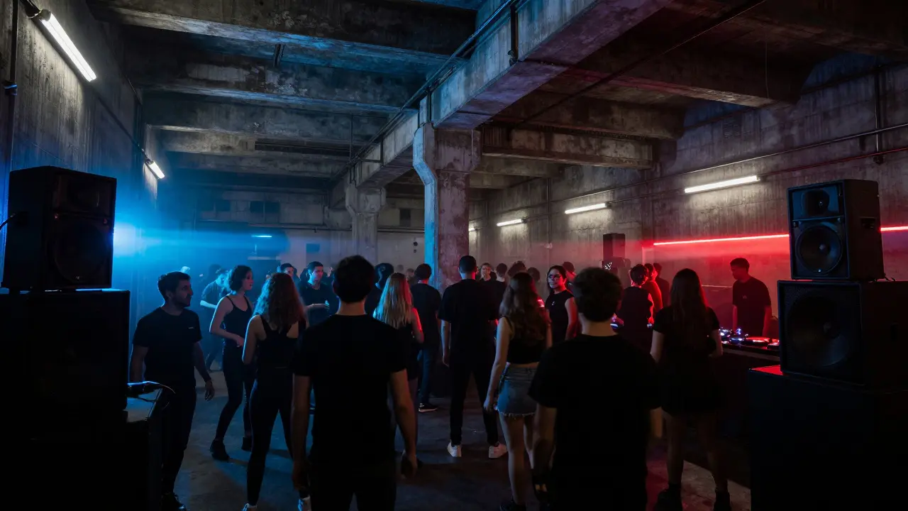 People lose themselves in a raw industrial warehouse club, bathed in pulsing techno lights and bass vibrations.