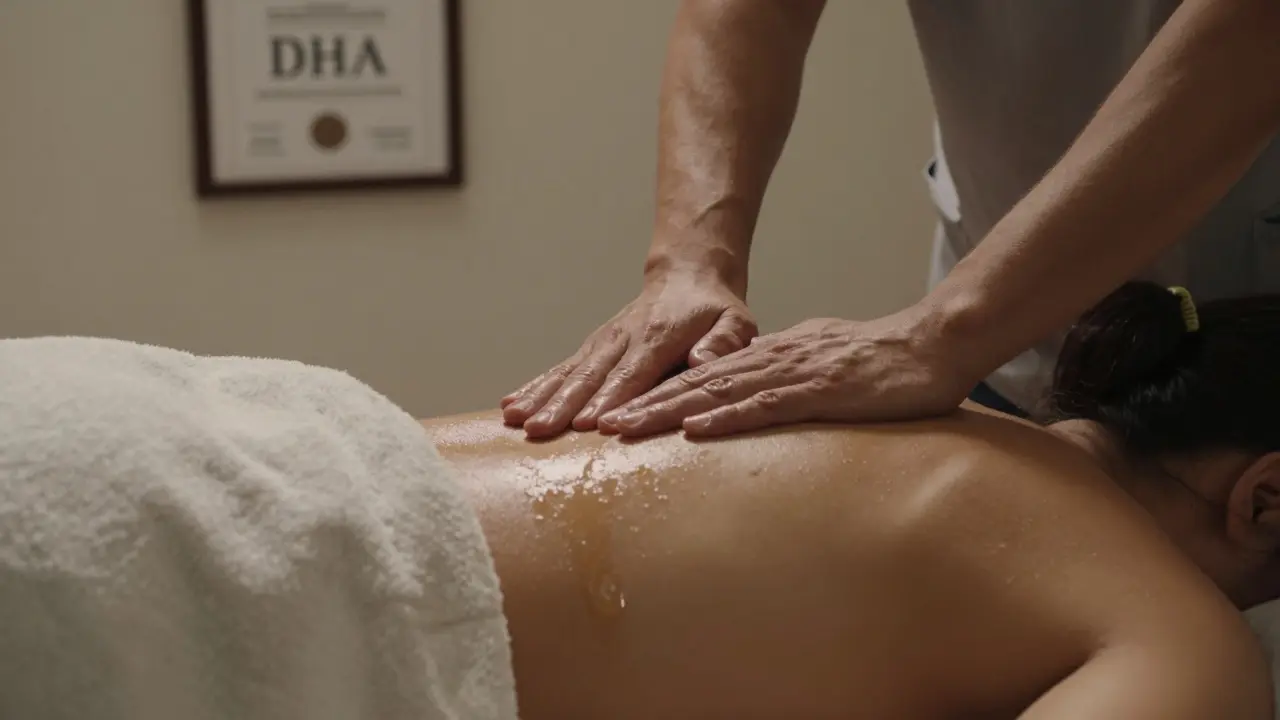 Therapist's hands performing a gentle stroke over draped skin, DHA certification visible on the wall.