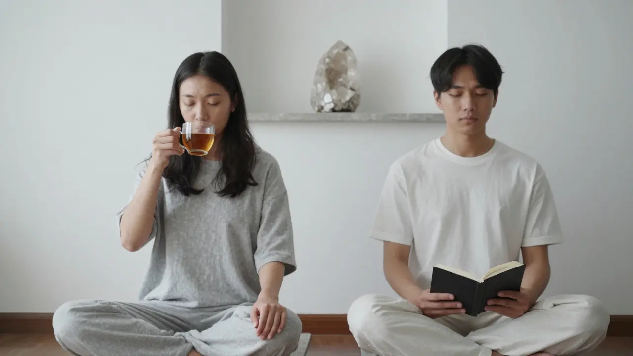 Two individuals sit silently after a Tantric session, sipping tea and journaling in a serene, shared relaxation space.