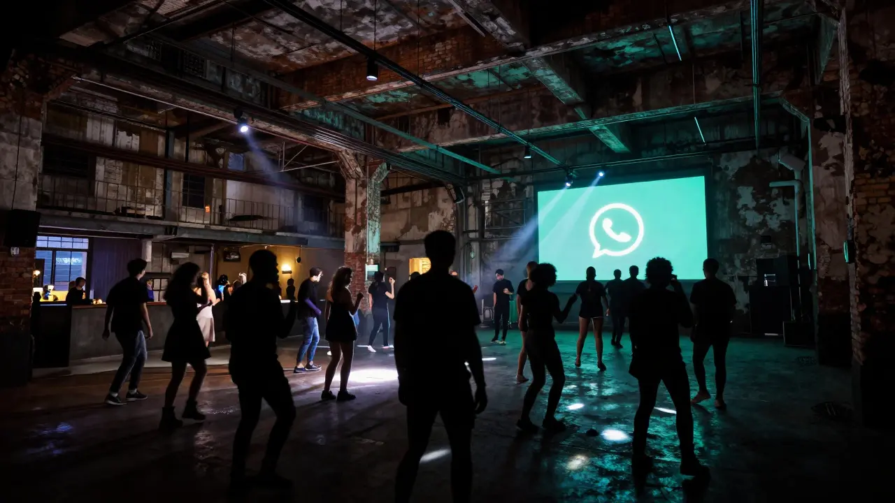 Underground warehouse party in Zone 2 with strobe-lit dancers and industrial decay.