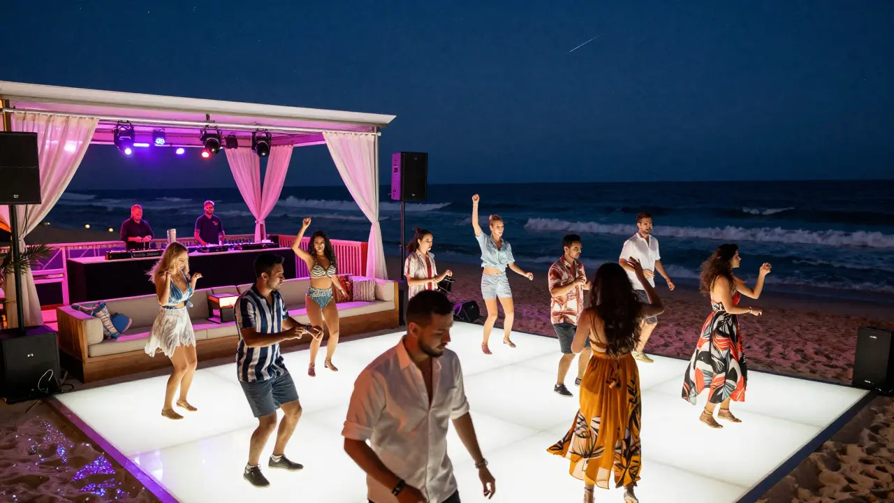 Vibrant beach club scene at Cielo with glowing dance floor, cabanas, and stylish crowd under night sky.