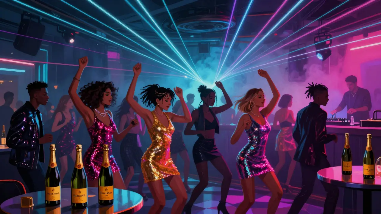 Vibrant nightclub scene at Opal Club with dancing crowds, neon lights, and glowing champagne bottles under pulsing disco effects.