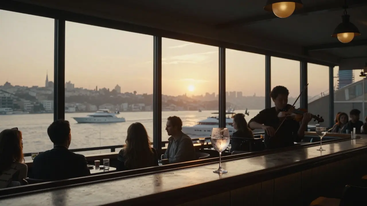 A quiet rooftop bar on the Bosphorus at dawn, violinist playing as sunrise reflects on the water and empty chairs remain.