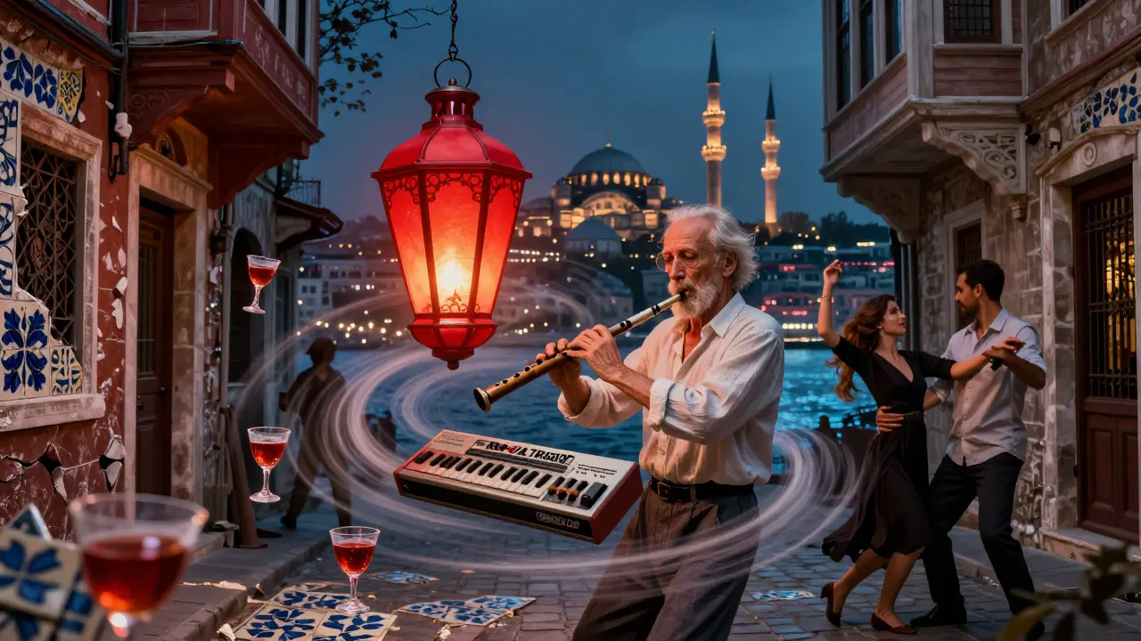 A surreal floating lantern blending traditional Turkish music with electronic beats, surrounded by raki glasses and Ottoman architecture.