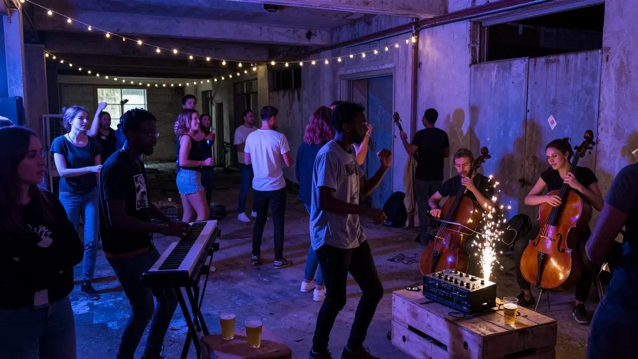 An underground music event in a warehouse with diverse performers and a lively, eclectic crowd.