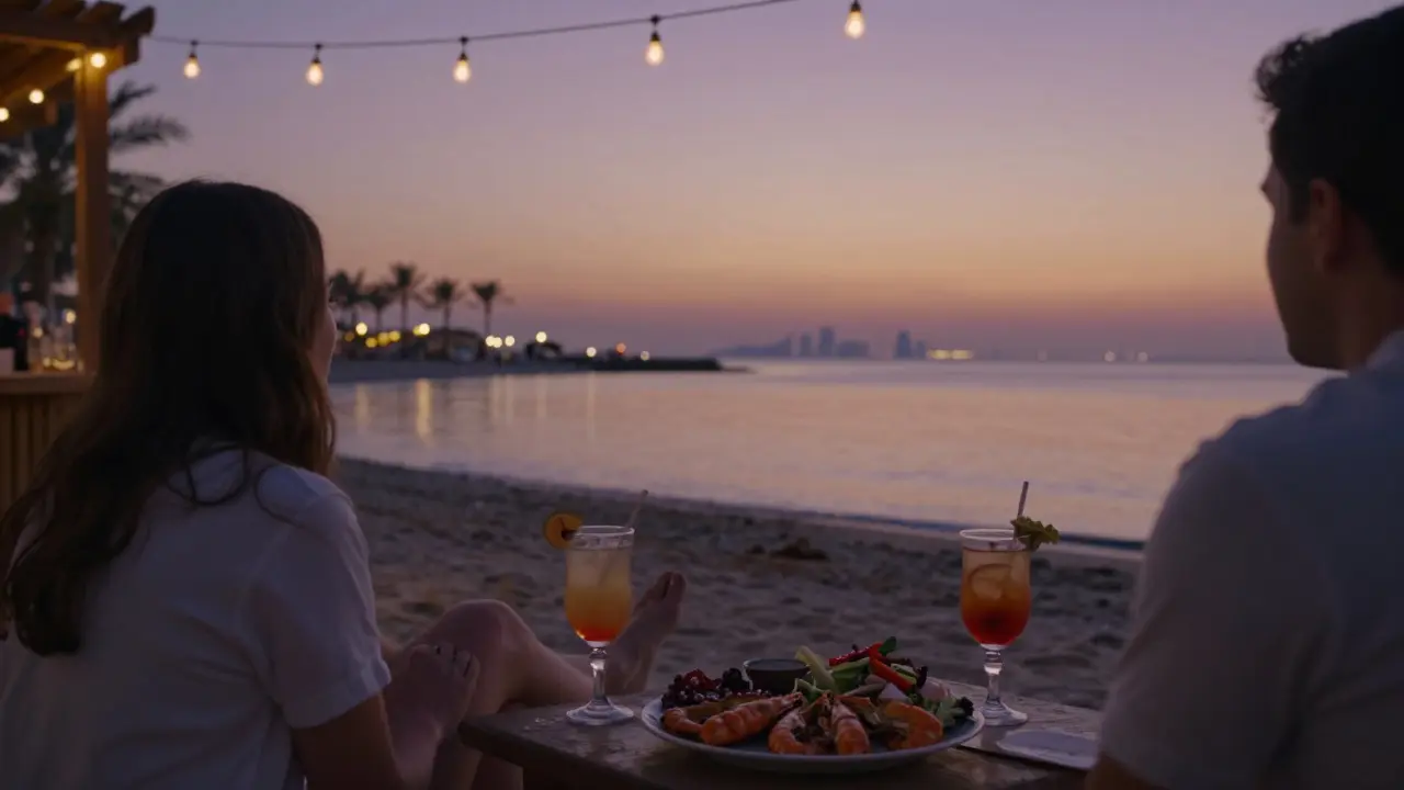 Beachside bar at sunset with seafood platter and cocktails, feet in the sand, Persian Gulf glowing behind.