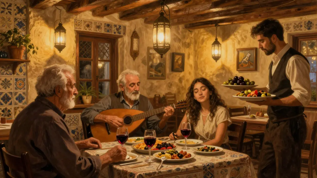 Cozy meyhane interior with locals sharing wine and meze under warm lantern light.