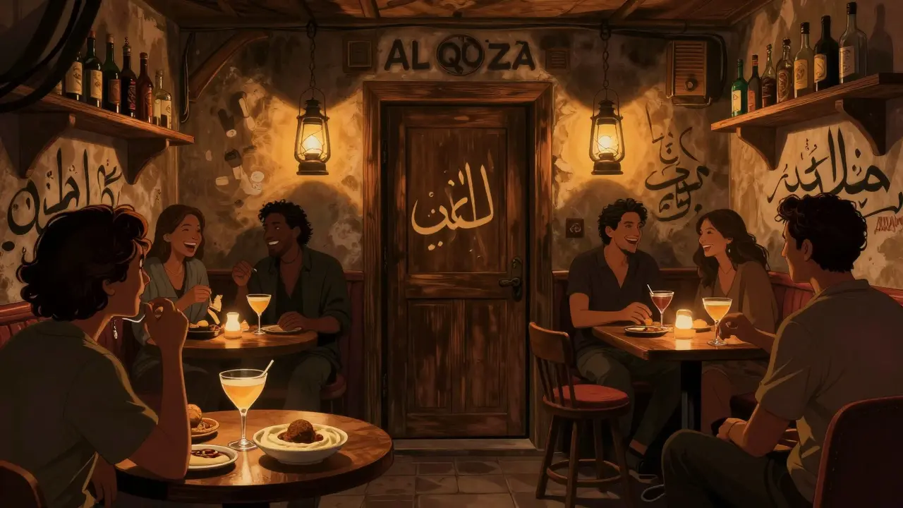 Hidden underground bar with warm lighting, patrons sharing food and craft cocktails in a cozy, unmarked speakeasy.