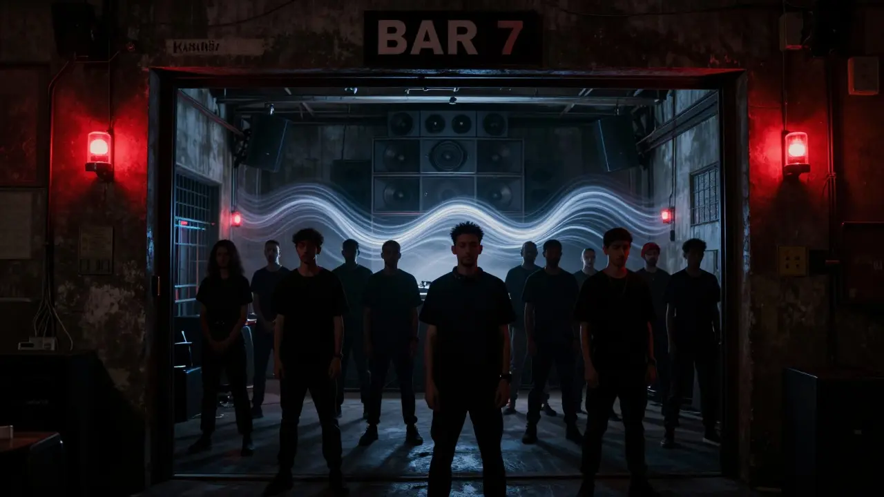 Hidden underground techno club with dark, immersive sound and silhouetted crowd.