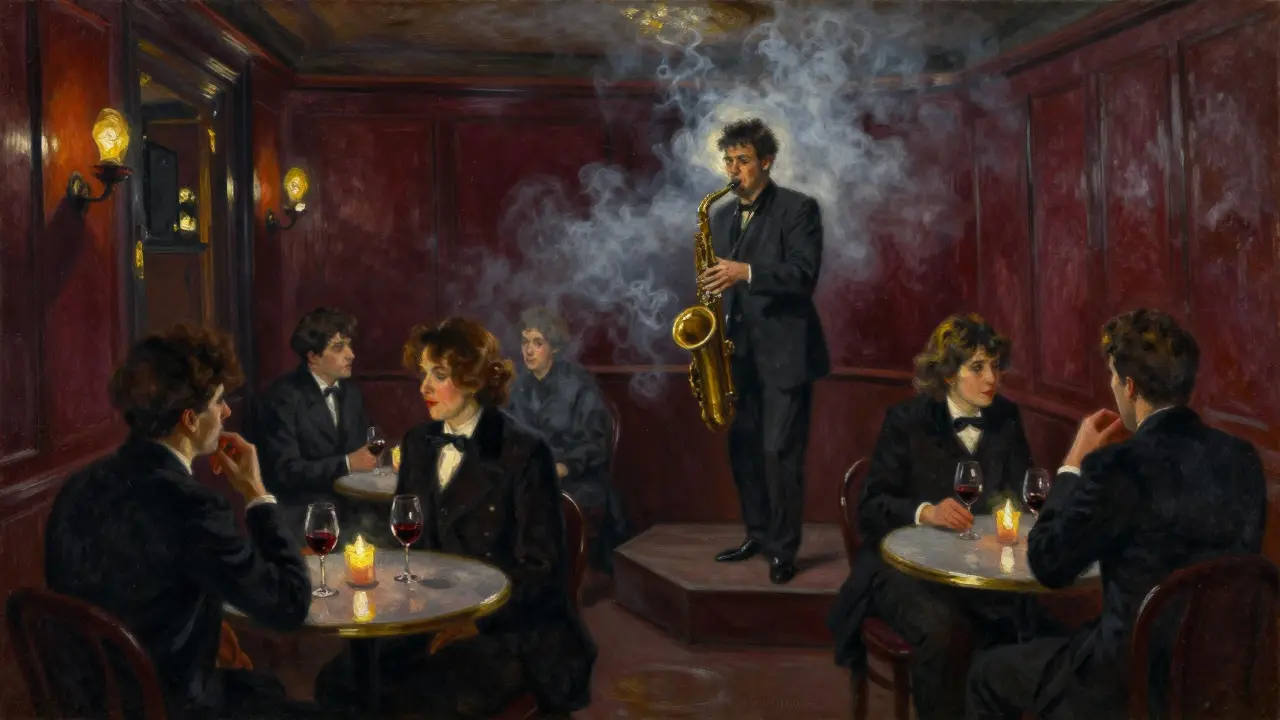 Painted scene of a jazz musician performing in a smoky club